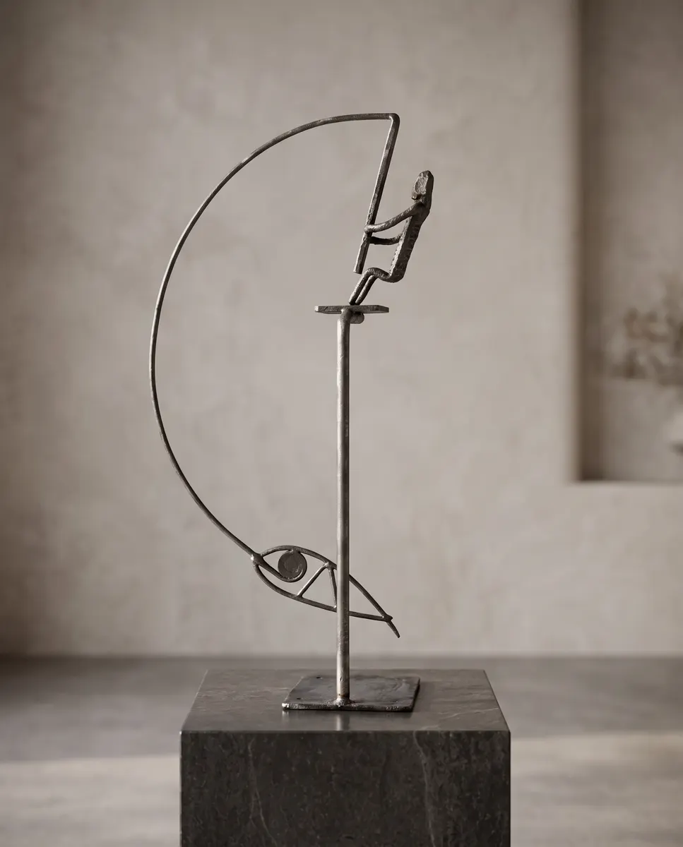 Escultura Pescador Pêndulo em ferro vista completa